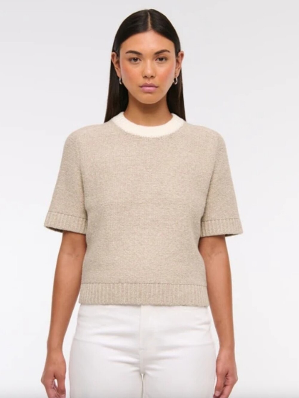 NWT Abercrombie & Fitch Madeline Textural Crew Sweater Beige Tan Minimalist XS